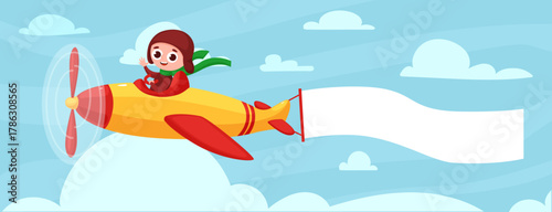 Kid pilot with banner. Boy flying on airplane in sky wearing retro uniform. Children adventures concept, ad in air. Traveller nowaday vector background