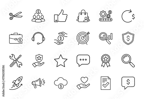 Business, finance, and marketing line icon set. Vector pictograms of collaboration, shopping, production, security, service, analysis, growth, cash, thin linear illustration.