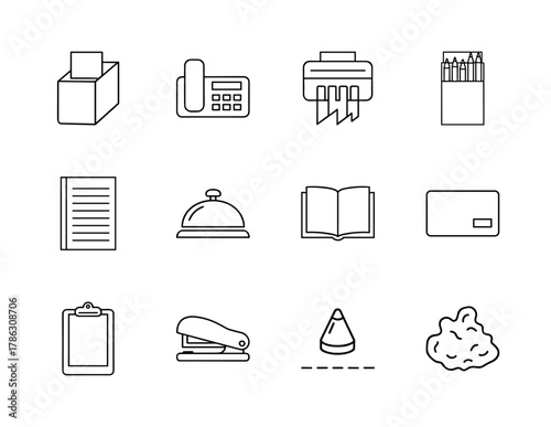 Office and business line icon set. Vector pictograms of paper shredder, desk phone, stapler, pencils, clipboard, open book, notebook, and stationery, thin linear illustration.