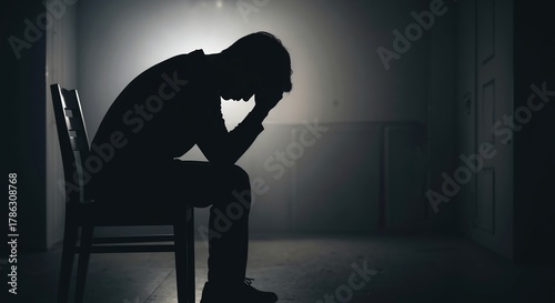 Silhouette of a depressed man sitting alone in a dark room. Person in despair with head in hands. Mental health and anxiety concept