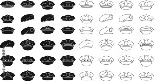 Collection of police hat silhouettes and outlines, various law enforcement cap designs, traditional peaked caps, berets, insignia variations, uniform accessories illustration