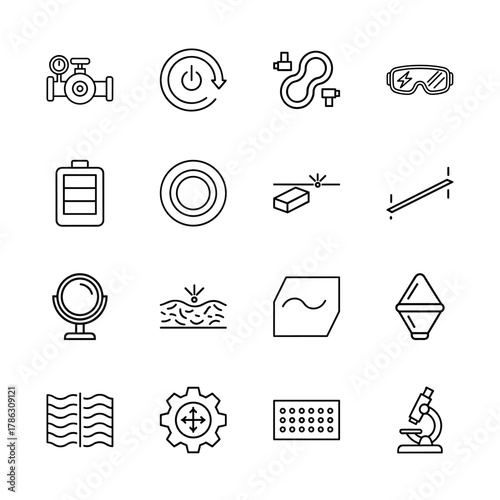 Industrial technology line icon set. Vector pictograms of valve, safety goggles, battery, microscope, gear, laser processing, conveyor belt, and material surface, thin linear illustration.