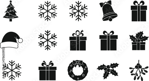 Christmas icons set with tree, snowflakes, gifts, Santa hat, bell, wreath, holly, mistletoe, festive holiday vector illustration