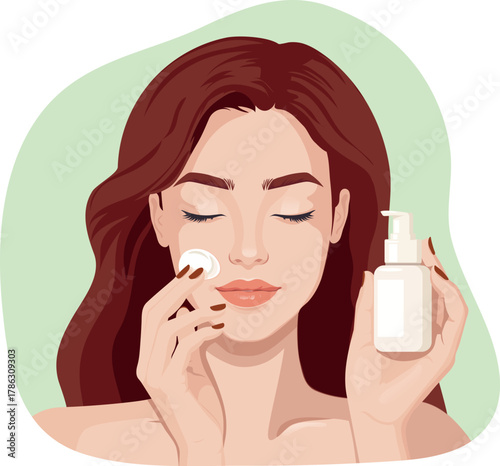 The woman holds a bottle of cream in her hand, and with her other hand she applies the cream to her face. The concept of self-care, wellness and rejuvenation. Vector illustration
