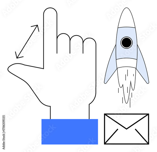 Hand gesturing size measurement, rocket launching upward, and envelope symbol for messaging. Ideal for innovation, communication, technology, startup launch, measurement, interaction simple flat