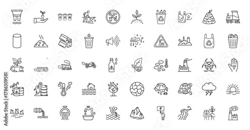 Environmental line icon set. Vector pictograms of pollution, recycling, climate change, waste, industrial emissions, natural disasters, and renewable energy, thin linear illustration.