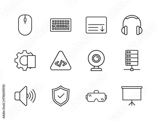 Technology line icon set. Vector pictograms of computer mouse, keyboard, headphones, webcam, server, virtual reality headset, security shield, and presentation screen, thin linear illustration.