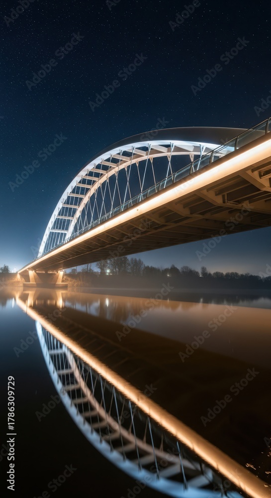 Obraz premium Modern illuminated bridge arching over a calm river at night with vibrant lights reflecting on the water surface