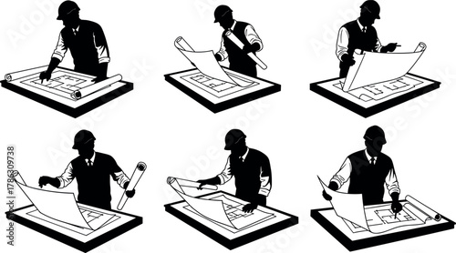 Architect examining blueprints, black and white illustration set, construction planning, drafting table scene, hard hat professional, technical drawing interaction
