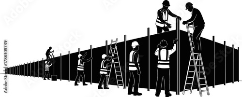 "Construction Workers Assembling Fence – Stylized Silhouette with Safety Gear and Ladders"