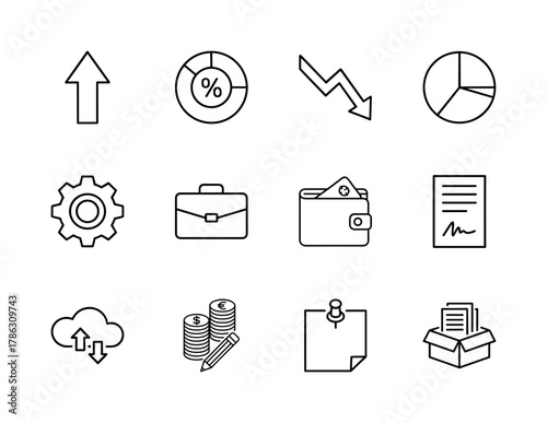 Business and finance line icon set. Vector pictograms of arrows, charts, gear, briefcase, wallet, document, cloud, coins, note, and files, thin linear illustration.