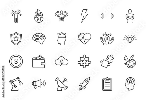 Business and success line icon set. Vector pictograms of celebration, burning fist, dumbbell, brain, crown, money, rocket, and robotic arm, thin linear illustration.