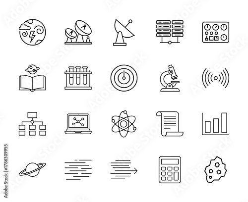 Science and research line icon set. Vector pictograms of Earth, satellites, server, microscope, test tubes, atom, chart, planet, calculator, thin linear illustration.