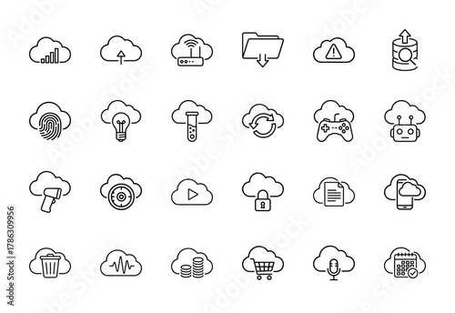 Cloud computing line icon set. Vector pictograms of data, upload, network, innovation, gaming, artificial intelligence, scanning, media, finance, and calendar, thin linear illustration.