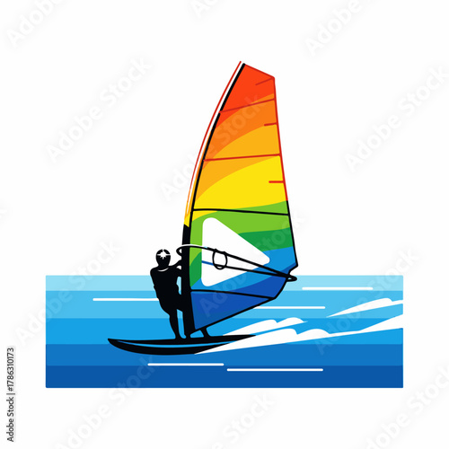 Windsurfer Riding with Bright Sail Vector Illustration