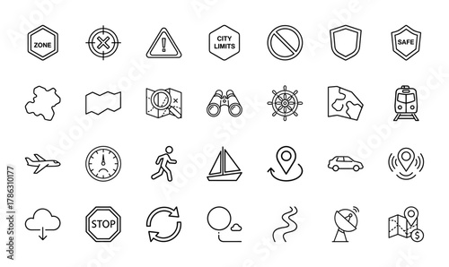 Navigation line icon set. Vector pictograms of zone, warning, maps, binoculars, train, airplane, car, boat, location pins, and safety shields, thin linear illustration.