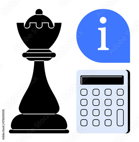 Chess rook symbolizing strategy, calculator representing analysis, blue information bubble indicating knowledge. Ideal for business, leadership, strategy, financial planning, problem-solving