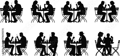 Couples silhouettes sitting at cafe tables drinking coffee and talking, romantic date, relationship and communication concept, black vector illustration
