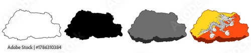 set vector bhutan flag in map icon. Detailed bhutan map silhouette. 3D isometric bhutan map symbol design template illustration