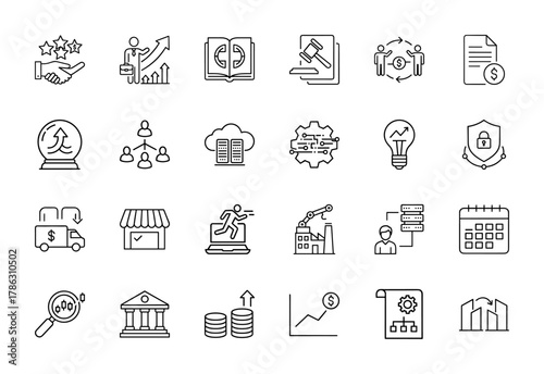 Business and corporate technology line icon set. Vector pictograms of partnership, growth, legal, data, security, delivery, e-commerce, industry, and financial strategy, thin linear illustration.