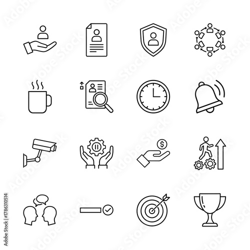 Business and human resources line icon set. Vector pictograms of people, documents, security, time, money, goals, and awards, thin linear illustration.