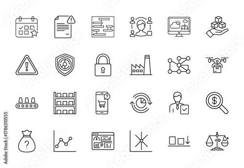 Business, logistics, and data line icon set. Vector pictograms of planning, security, factory, drone, warehouse, analytics, commerce, and finance, thin linear illustration.
