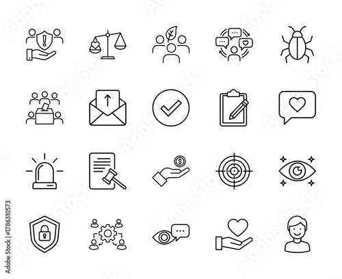 General line icon set. Vector pictograms of protection, justice, sustainability, communication, voting, security, finance, and support, thin linear illustration.