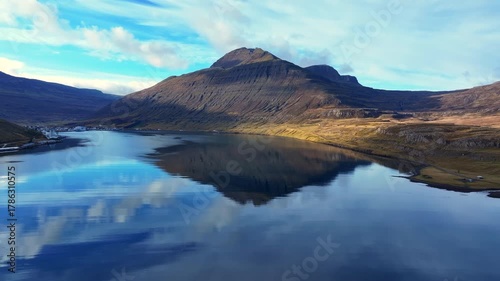 Aerial view of the scenery in a fjord of Iceland