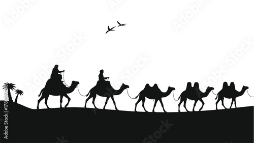 Silhouetted caravan of camels traveling across a desert landscape