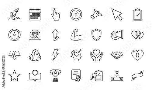 Business and achievement line icon set. Vector pictograms of rocket, calendar, cursor, checklist, megaphone, shield, heartbeat, trophy, certificate, and podium, thin linear illustration.