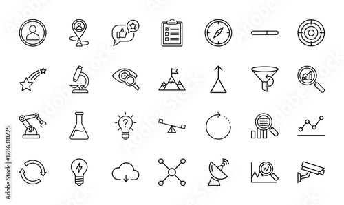 General business and technology line icon set. Vector pictograms of user, location, checklist, target, microscope, funnel, robotic arm, lightbulb, cloud, thin linear illustration.