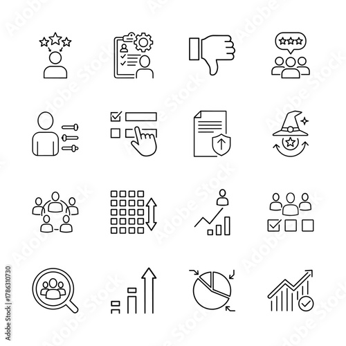 Business and human resources icon set. Vector pictograms of feedback, performance evaluation, user preferences, team collaboration, data analysis, and growth, thin linear illustration.
