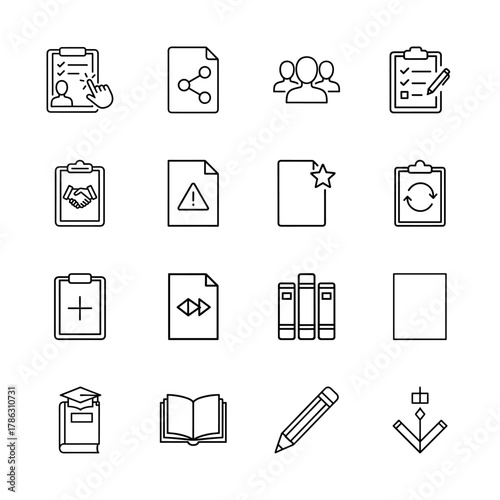 Business and education line icon set. Vector pictograms of clipboard, document, users, handshake, books, pencil, sharing, and warning, thin linear illustration.