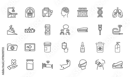 Healthcare line icon set. Vector pictograms of medical imaging, patient monitor, human brain, test tubes, DNA, crutch, IV drip, face mask, and biohazard bin, thin linear illustration.