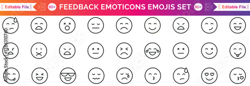 Feedback emoji icon set in different moods. Review smiley face collection. Service rating emoticon vector illustration. Bad, poor, average, good and excellent feedback marking. Face emoji symbols.