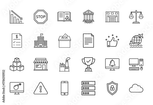 Business and technology line icon set. Vector pictograms of bar chart, legal book, balance scales, finance document, factory, computer, and security shield, thin linear illustration.