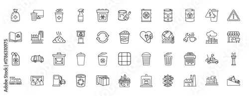 Environmental and waste management line icon set. Vector pictograms of recycling bins, green energy, garbage trucks, compost, urban smog, and warning signs, thin linear illustration.