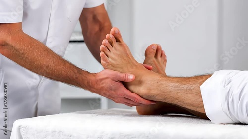 Physiotherapist performing foot and ankle examination on patient