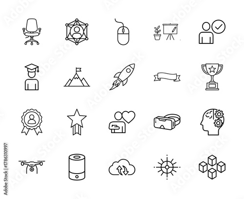 Business and technology line icon set. Vector pictograms of office chair, network, mouse, presentation, verified user, trophy, VR headset, drone, and cloud sync, thin linear illustration.