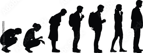 Human growth silhouettes, life stages, childhood to adulthood, black shapes, development timeline, age progression, people evolution, silhouette illustration, personal journey, aging concept