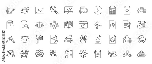 Business and education line icon set. Vector pictograms of data analysis, legal scales, strategic planning, financial reports, and knowledge, thin linear illustration.