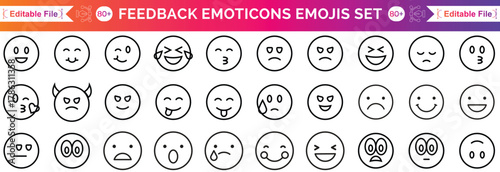 Feedback emoji icon set in different moods. Review smiley face collection. Service rating emoticon vector illustration. Bad, poor, average, good and excellent feedback marking. Face emoji symbols.