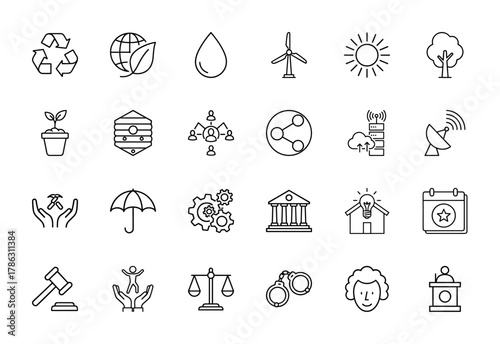Environmental, social, justice, and technology line icon set. Vector pictograms of recycling, wind turbine, network, cloud, courthouse, gavel, and scales, thin linear illustration.