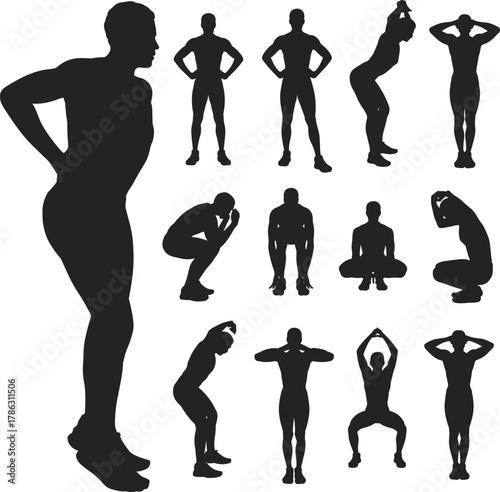 Human pose silhouettes, standing and sitting positions, black shapes, body gesture, posture variation, silhouette illustration, physical stance, expressive movement, figure reference