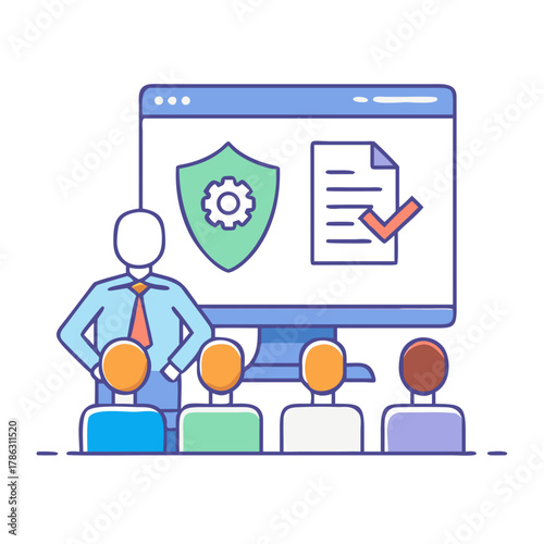 business training session with instructor and participants in front of computer screen 
