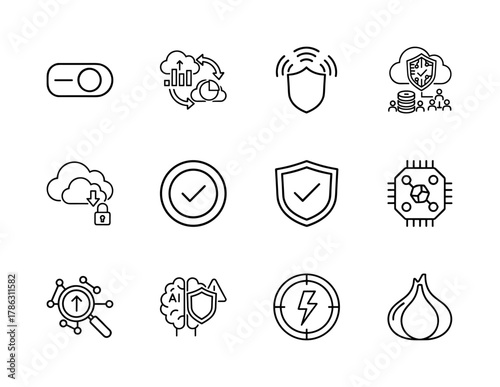 Technology line icon set. Vector pictograms of toggle switch, cloud data analysis, wireless security, AI protection, data privacy, processor, and validation, thin linear illustration.
