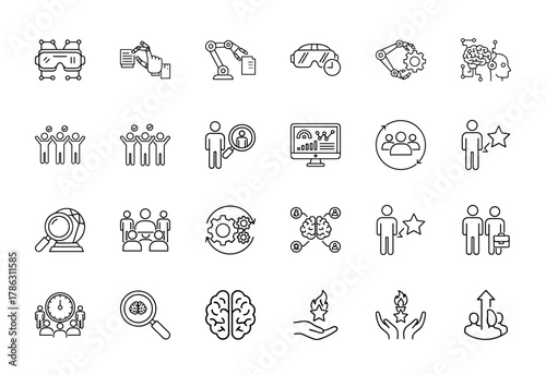 Technology and business management line icon set. Vector pictograms of VR headsets, robotic arms, brain, data analytics, and team collaboration, thin linear illustration.