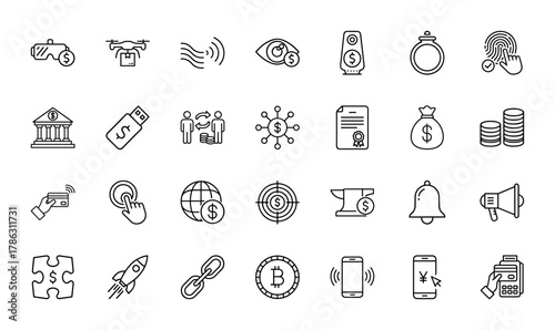 Digital business, finance, and technology line icon set. Vector illustrations of VR, drone, banking, money, global economy, mobile payment, thin linear design.