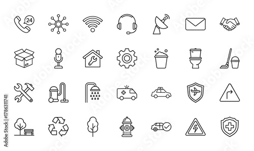 General services line icon set. Vector pictograms of customer service, communication, maintenance, cleaning, safety, and environment, thin linear illustration.