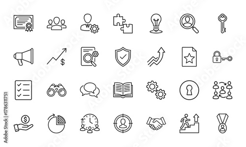 Business management line icon set. Vector pictograms of certificate, team, manager, puzzle, lightbulb, search, growth, document, shield, checklist, binoculars, book, gears, thin linear illustration.